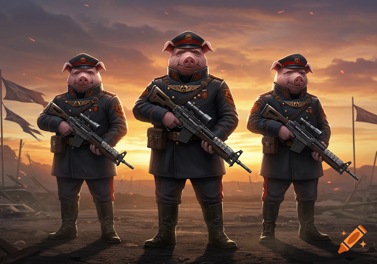 Three anthropomorphic pigs in military uniforms holding rifles stand against a war-torn sunset landscape.