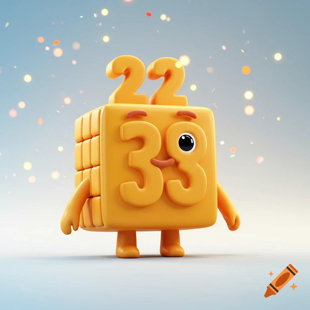 A yellow-orange Numberblock character with the number 33 on its body and 22 on its head, on a blue background with bokeh.