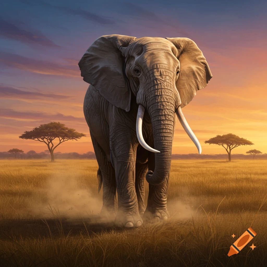 An elephant stands in a grassy savanna at sunset, with a vibrant orange and blue sky.
