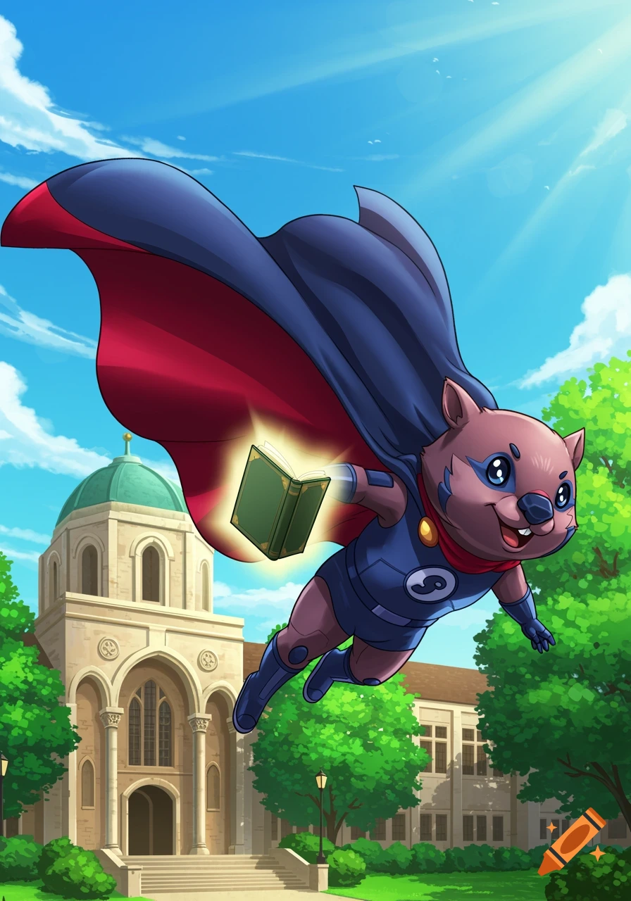 An anime-style illustration of a cute wombat superhero with a cape flying over a university campus, holding a glowing green book.