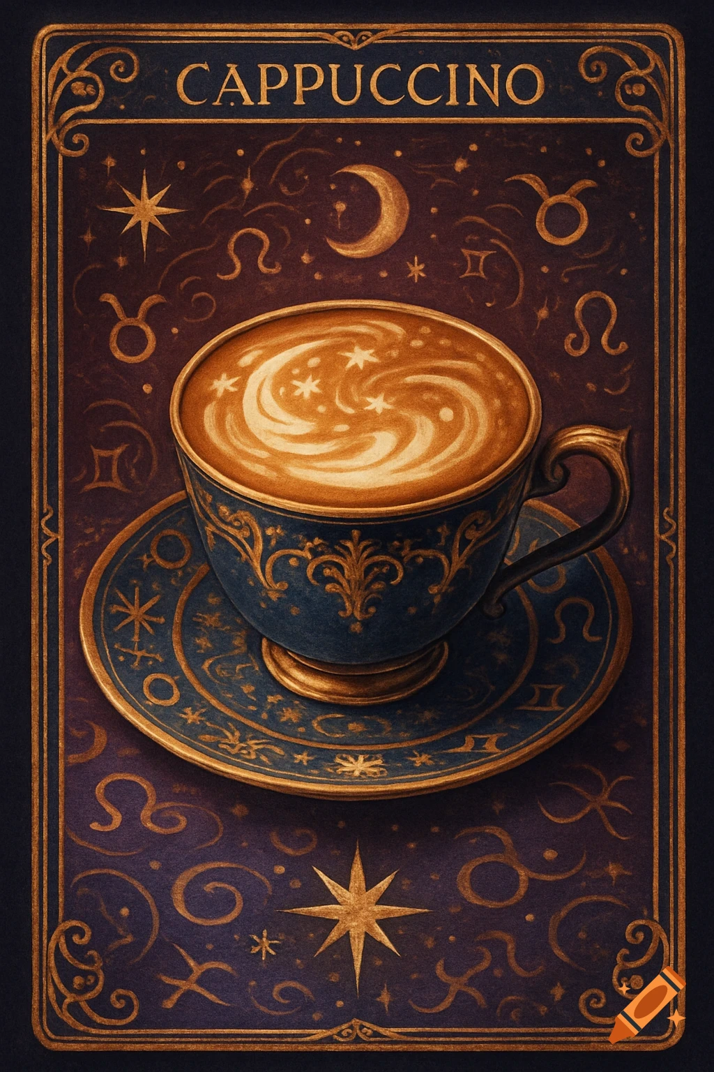 An ornate blue and gold cup of cappuccino with latte art on a matching saucer, against a dark, mystical tarot card background with celestial symbols and 'CAPPUCCINO' text.