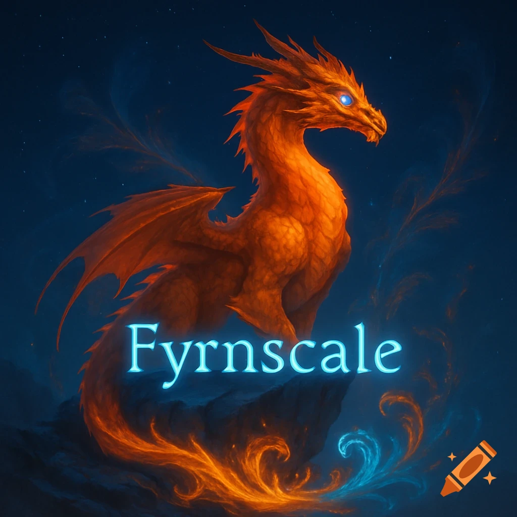 A vibrant orange dragon with blue eyes perches on a cliff with glowing fire and blue magical swirls under a starry night. 'Fyrnscale' text.