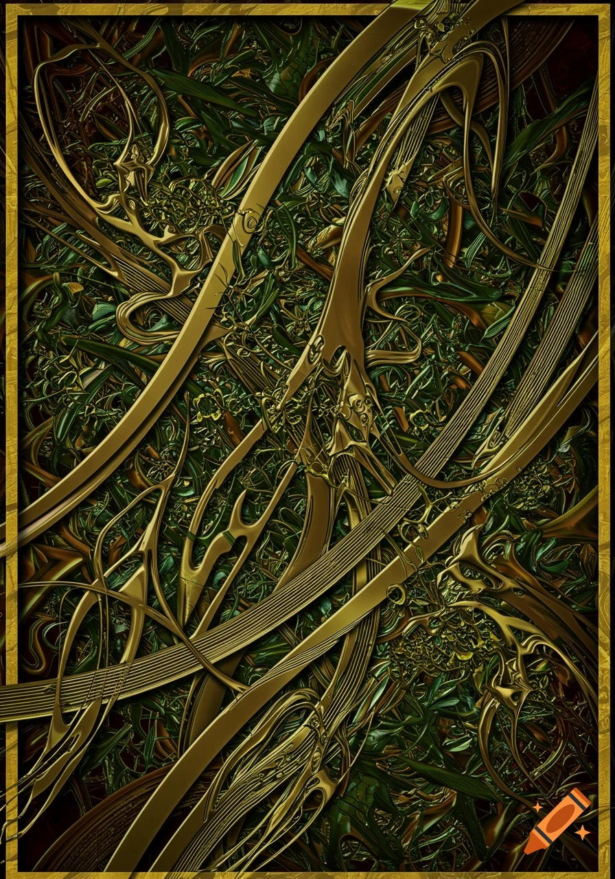 An intricate abstract composition of flowing, intertwined gold metallic lines and shapes against a dark green textured background.