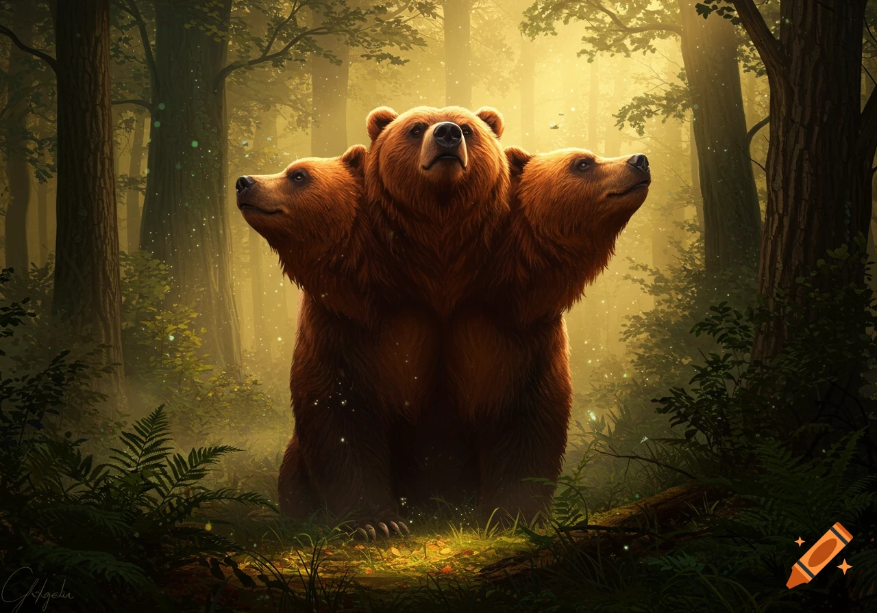 A mythical three-headed brown bear stands in a sunlit, misty forest, surrounded by trees and glowing particles.