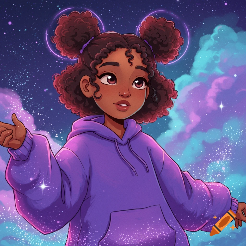 Animated brown-skinned girl with curly hair in space buns, wearing a purple hoodie, against a starry sky with colorful clouds.