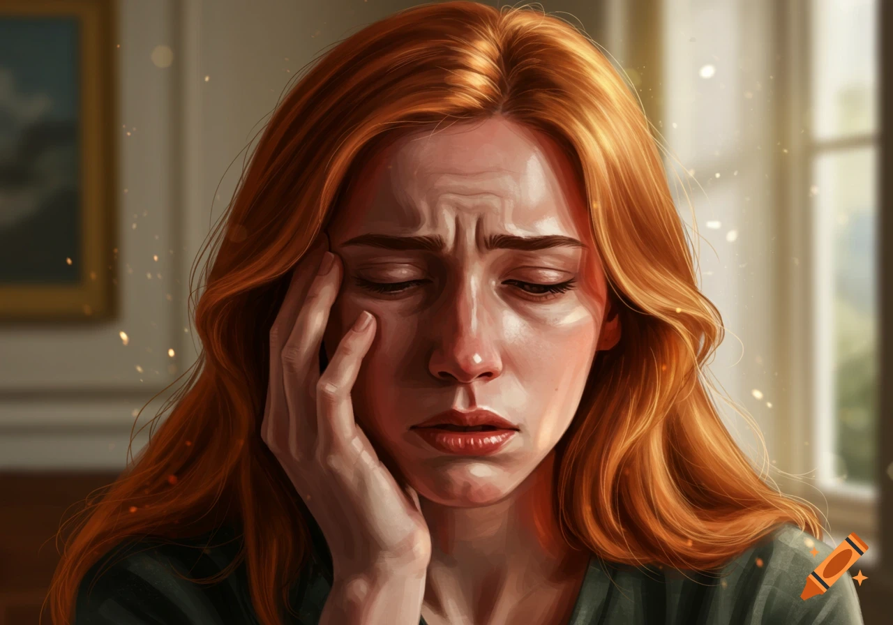 A close-up digital painting of a woman with red hair, eyes closed, forehead furrowed in pain, holding her temple.