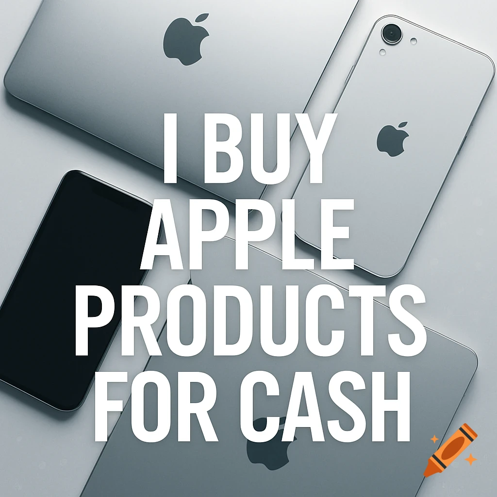 An ad with text "I BUY APPLE PRODUCTS FOR CASH" overlaid on a flat lay of Apple devices including a MacBook, iPhone, and iPad.