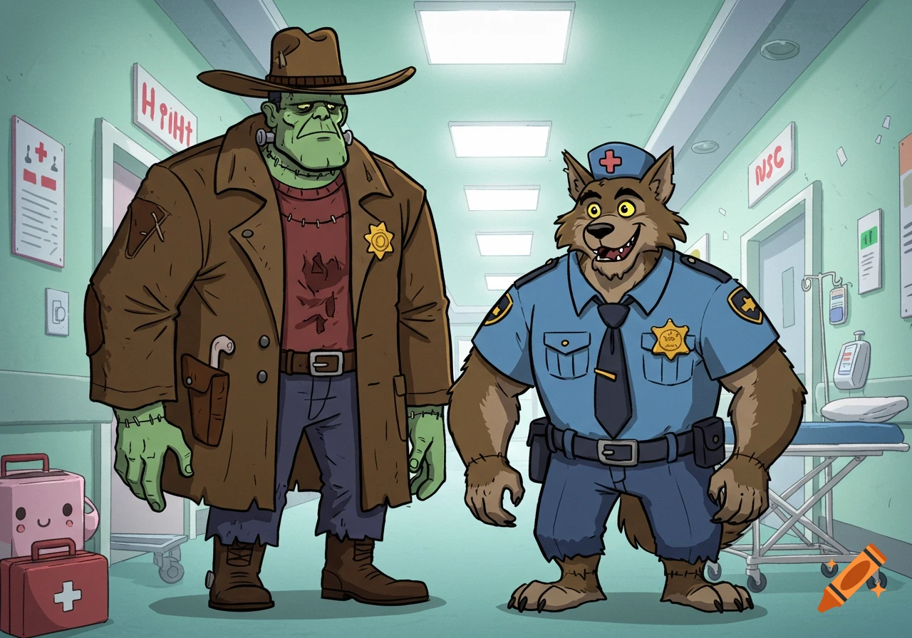 A cartoon Frankenstein monster wearing a sheriff's hat and coat stands next to a cartoon wolfman in a police uniform in a hospital hallway.