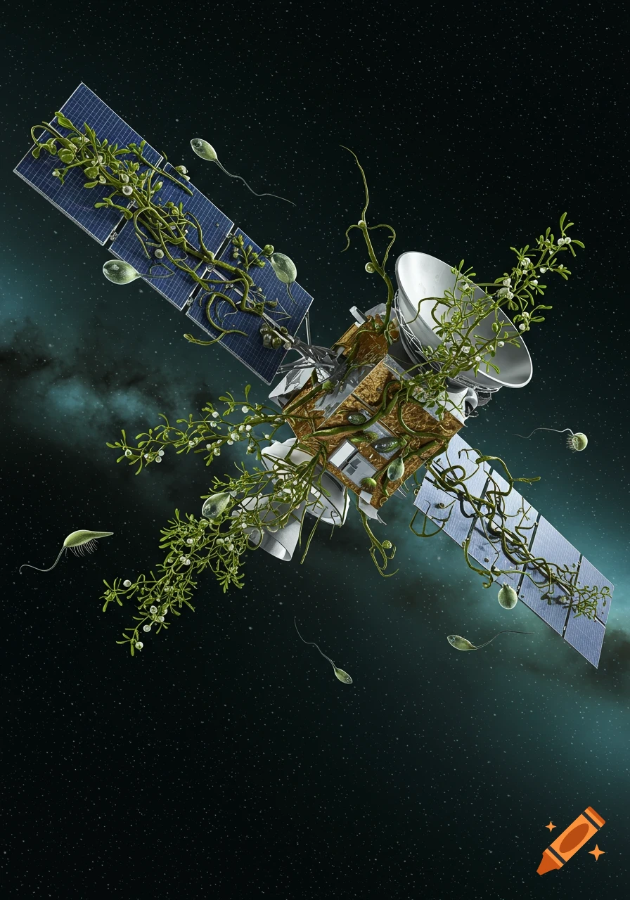A satellite in deep space is overgrown with green mistletoe plants and translucent, sperm-like organisms against a starry, dark green background.