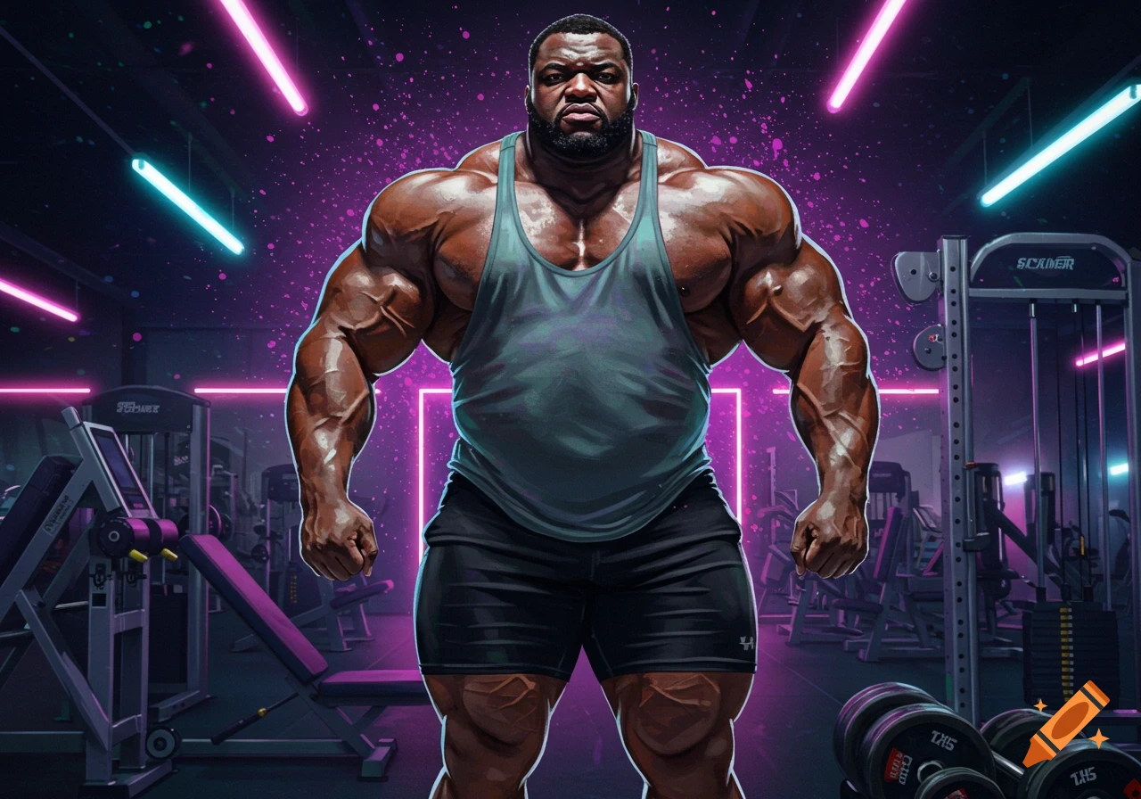 A powerfully built man stands in a neon-lit gym, wearing a tank top and shorts.