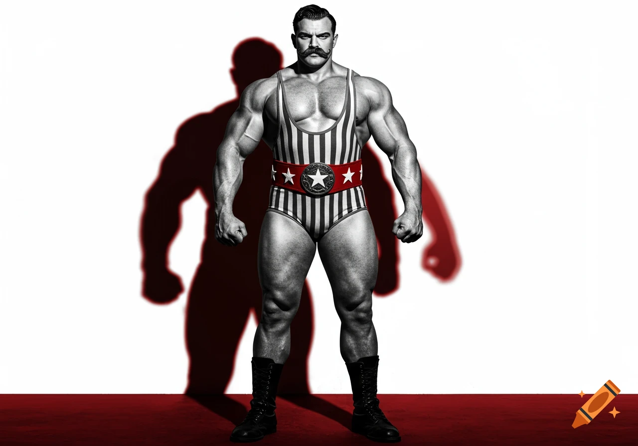 A muscular strongman with a mustache in a striped singlet and a star belt, against a white and red background.