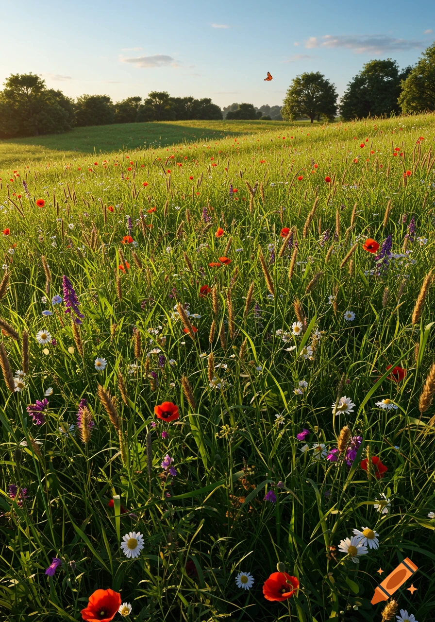 A vibrant green meadow with red poppies, white daisies, and purple wildflowers under a bright sky with a butterfly.