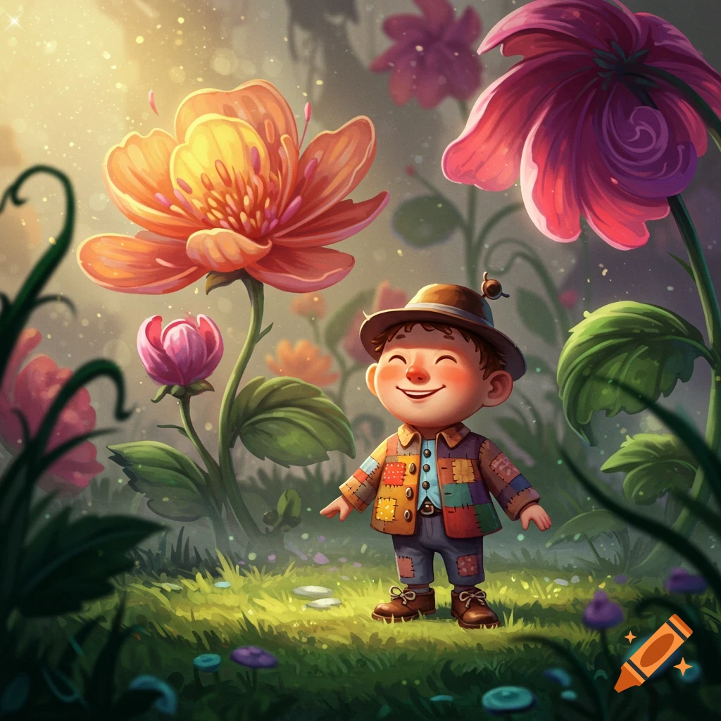 A smiling boy in a colorful patchwork coat and hat stands in a whimsical garden with giant flowers, glowing in golden light.