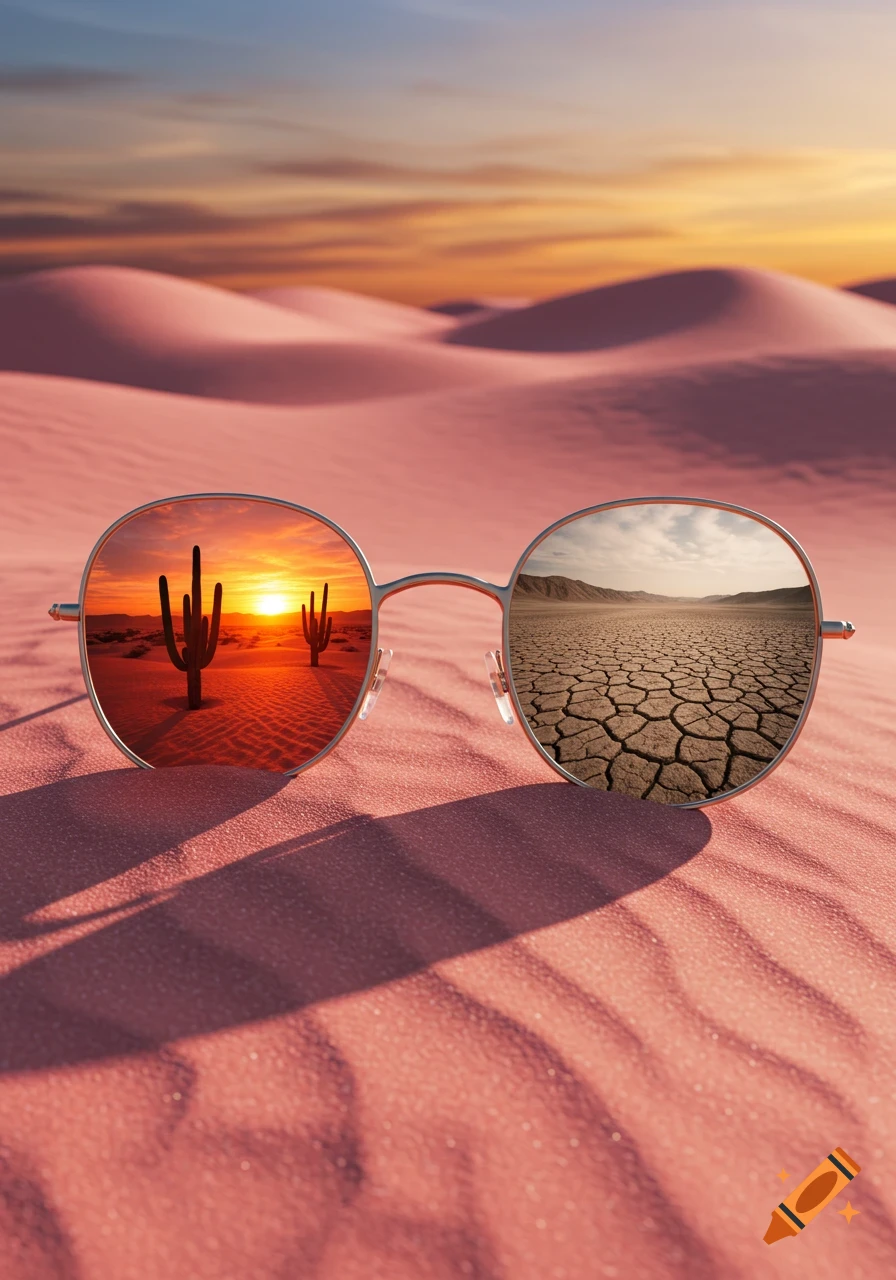Round sunglasses on pink sand dunes reflecting a desert sunset with cacti in one lens and a dry, cracked desert in the other.