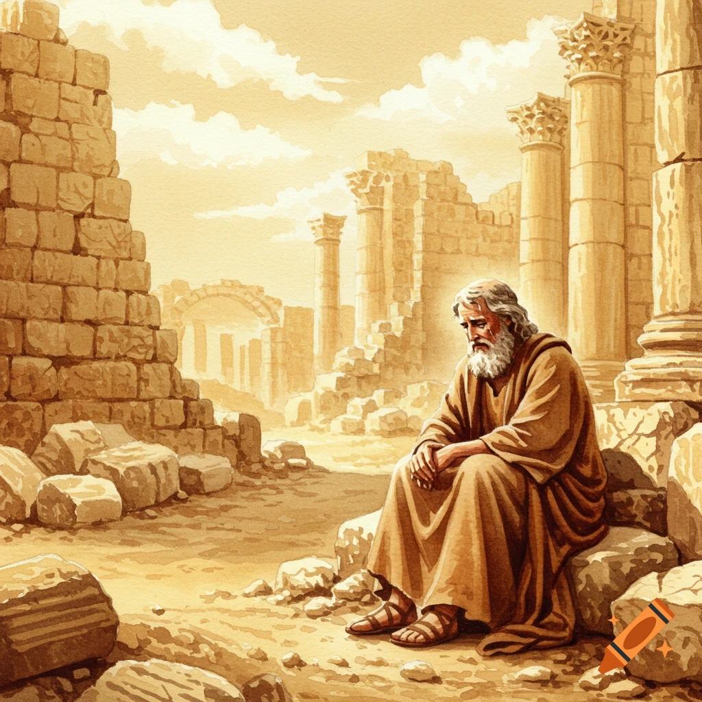 A sad old prophet with a beard sits amidst the ruins of Jerusalem in a sepia-toned watercolor style.