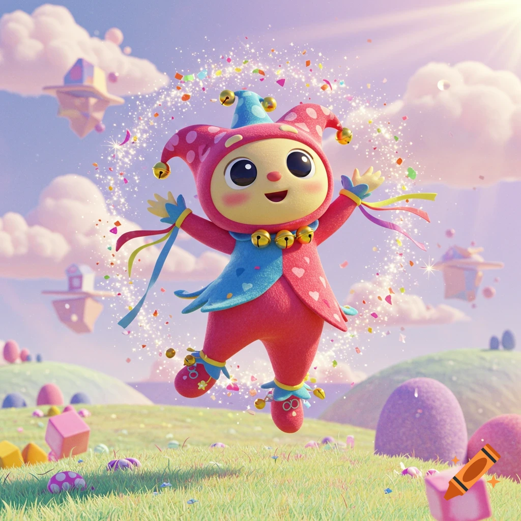A cute, pink and blue jester-like character leaps amidst glitter and confetti in a whimsical, pastel fantasy landscape.