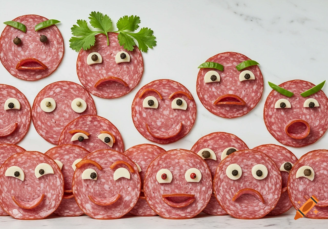 Close-up of numerous salami slices arranged with cheese, peppercorns, and herbs to create funny, expressive faces on a white background.