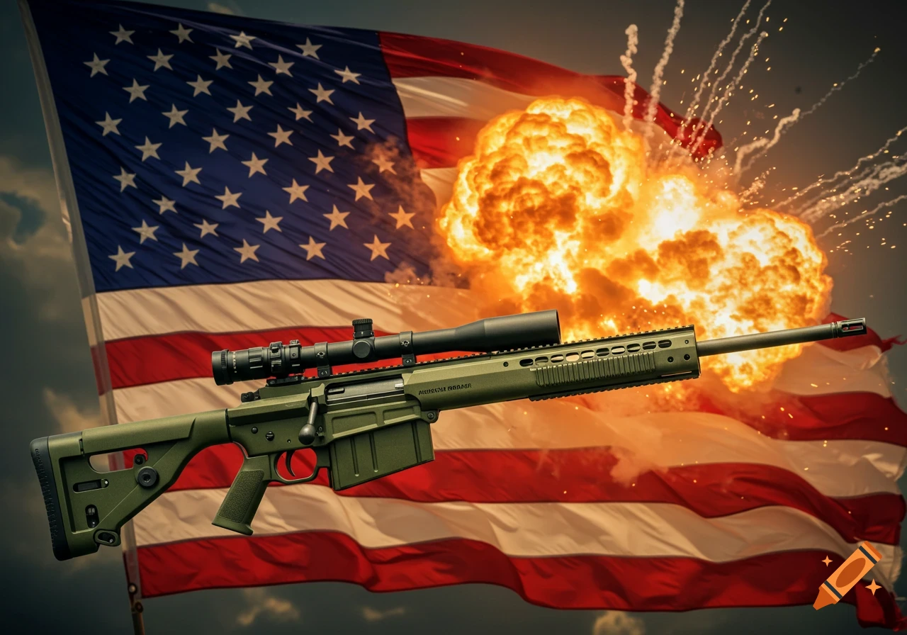 A photorealistic image of a green rifle with a scope in front of a waving American flag, with a large fiery explosion in the background.