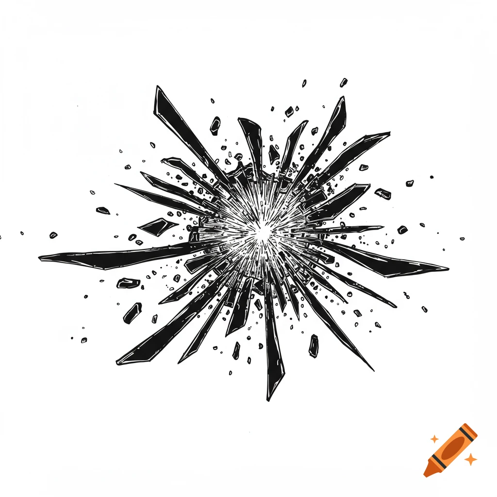 A black and white clipart illustration of glass shattering, with sharp shards exploding outwards from a bright center.