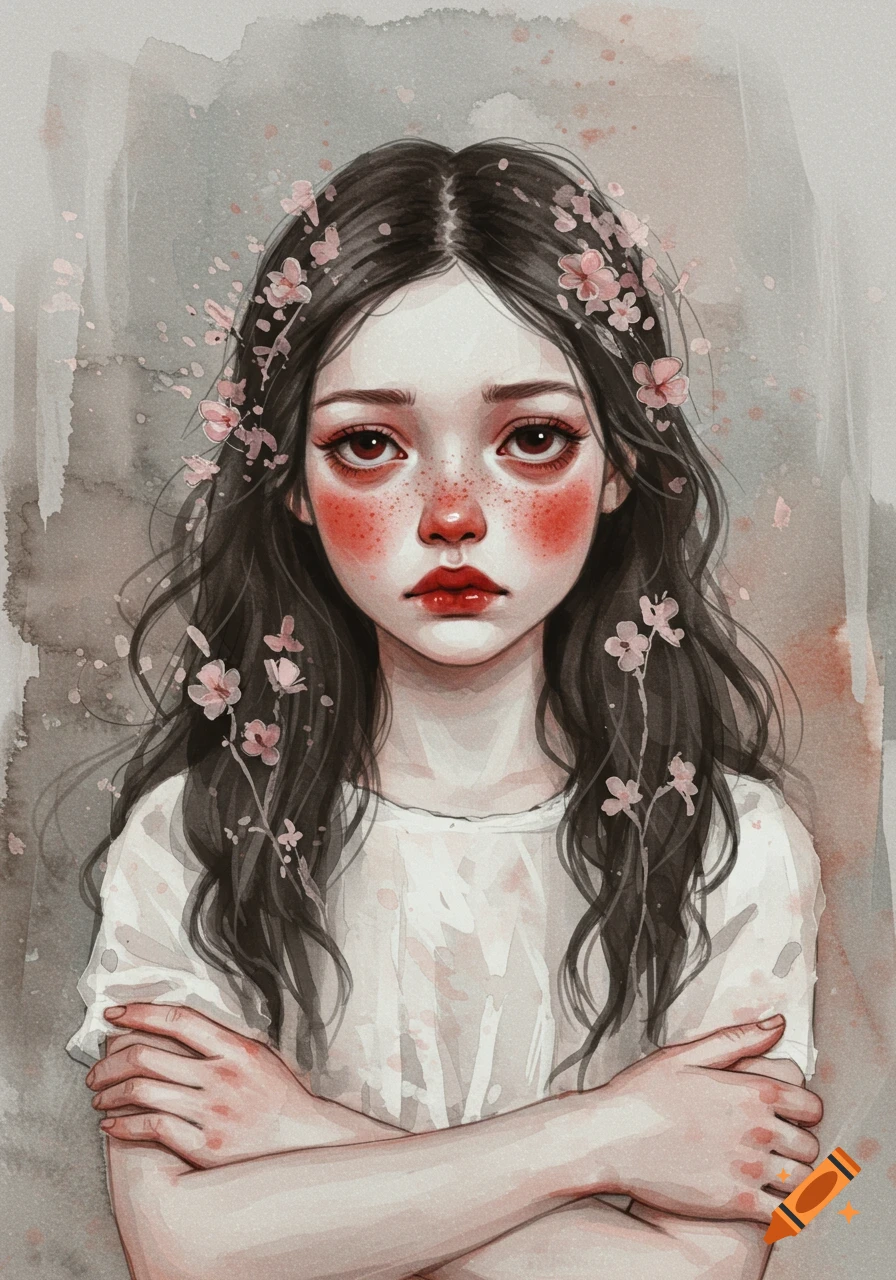 A watercolor portrait of a young girl with long dark hair, pale skin, red cheeks, and flowers in her hair, with arms crossed.