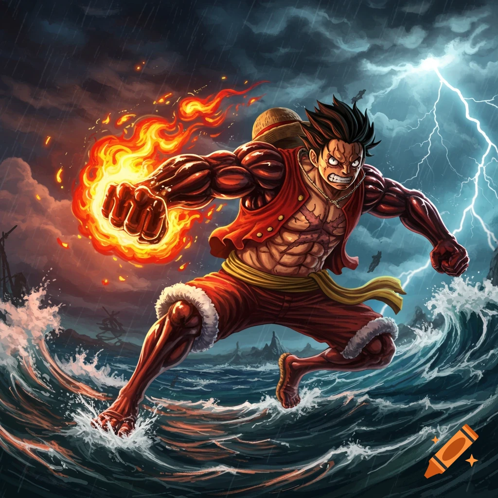 Anime character with flaming fist, surrounded by stormy sea and lightning.