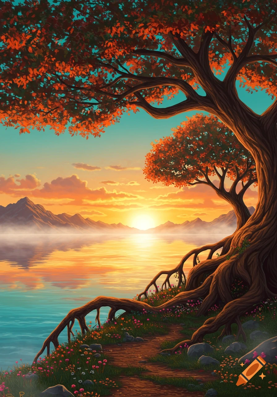 Vibrant sunset over a calm lake with mountains in the background, a large tree with autumn leaves, and a path on the right.
