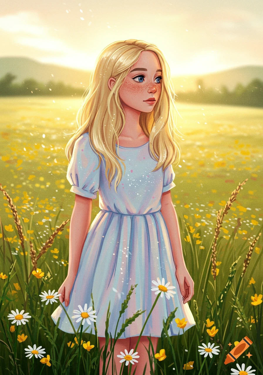 Blonde girl in a light blue dress standing in a sunny field of yellow and white flowers, drawn in a bright, illustrative style.