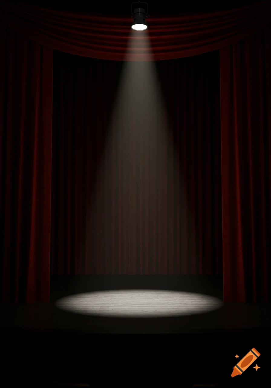 A dark, empty theater stage with deep red velvet curtains drawn back, illuminated by a single, bright spotlight from above.
