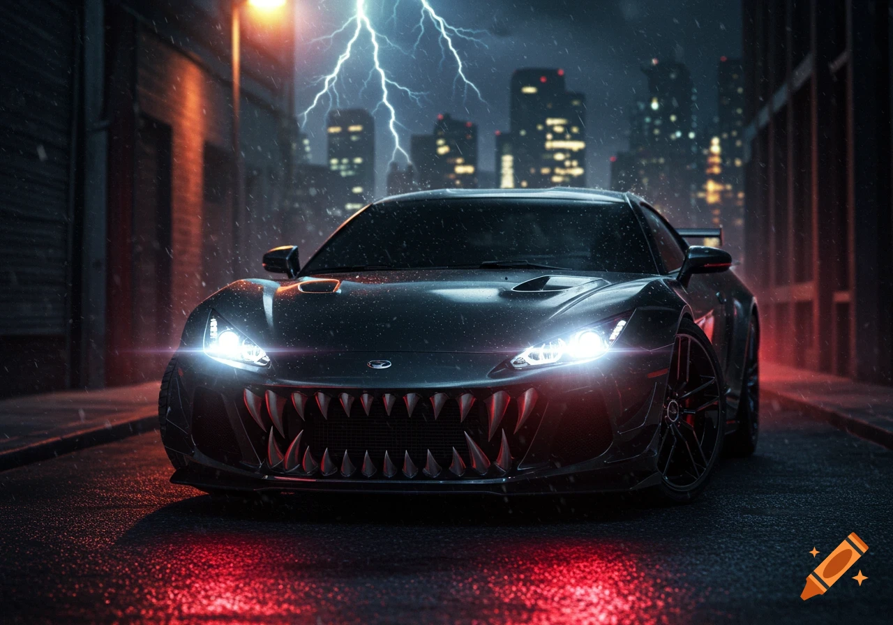 A dark, menacing sports car with sharp teeth on its grille, illuminated by lightning and headlights, on a rainy city street at night.
