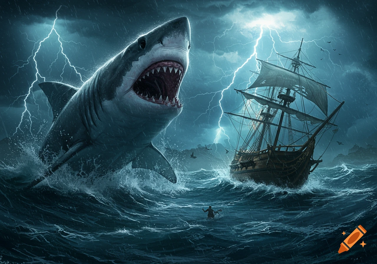 A giant great white shark breaches next to a sailing ship on a stormy, lightning-lit ocean with a person in the water.