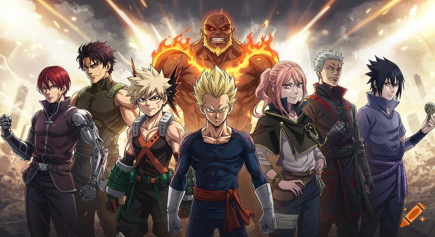 A team of diverse anime characters, including Vegeta, Bakugou, and Sasuke, stand dramatically against an epic, fiery background.