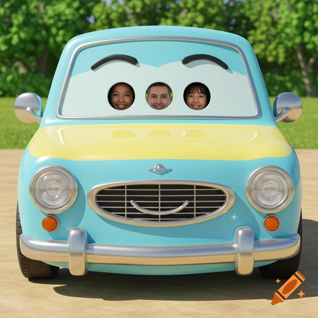 A cute, cartoon-style light blue and yellow car with three smiling faces in the windshield, parked outdoors.