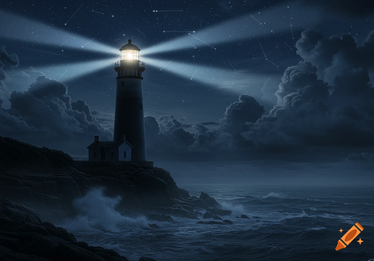 A lighthouse on a rocky cliff illuminates a stormy night sky with cross-shaped beams over a turbulent ocean.