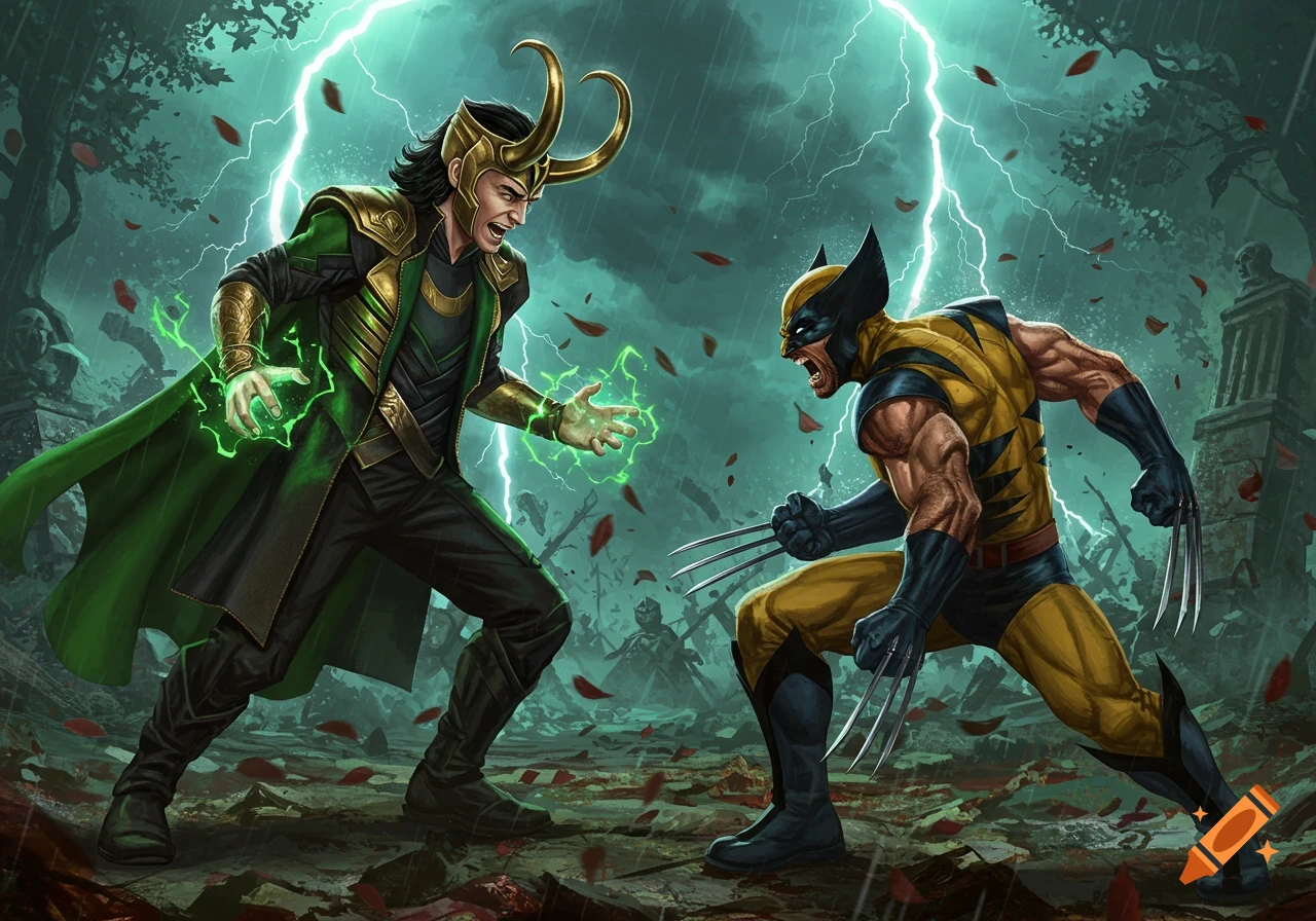 Loki and Wolverine battle amidst lightning and falling leaves in a dark, stormy forest scene.