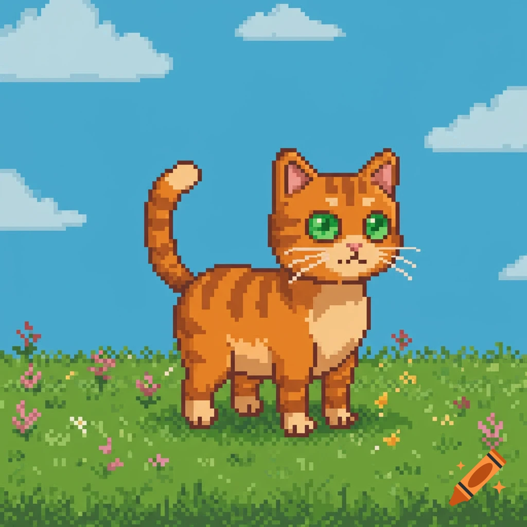 A pixel art image of an orange tabby cat with green eyes standing in a green field with small flowers under a blue sky with clouds.
