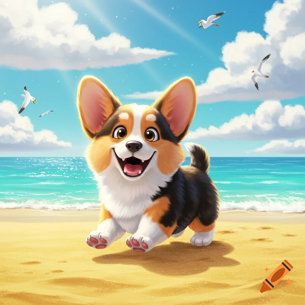 A happy, fluffy tri-color corgi runs on a sunny beach with blue water and seagulls in a bright, animated Pixar style.