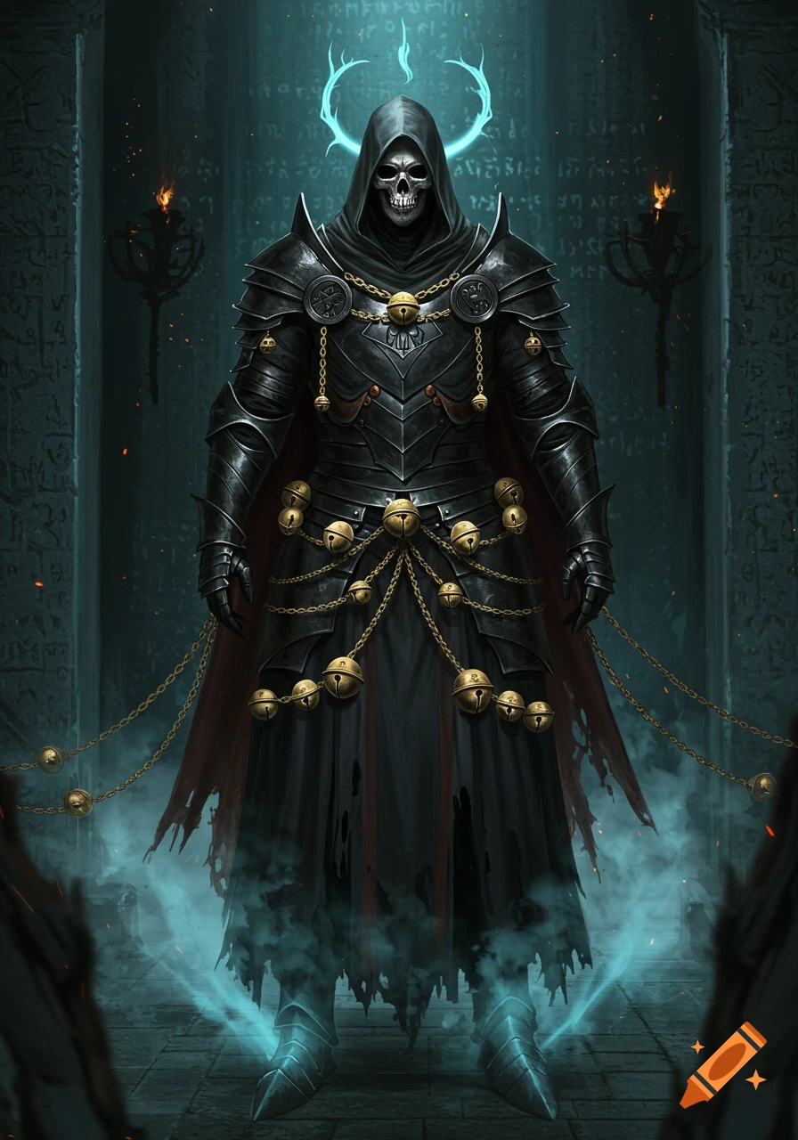 A grim skull-faced warrior in black armor and a hooded robe, adorned with golden chains and bells, stands in a dark stone room with a glowing blue aura.