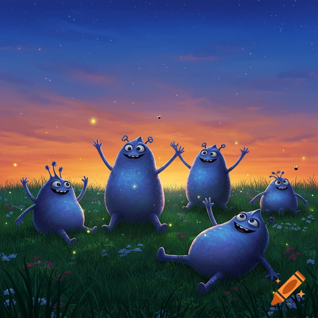 Five smiling blue cartoon alien creatures sitting in a grassy field with fireflies at sunset.