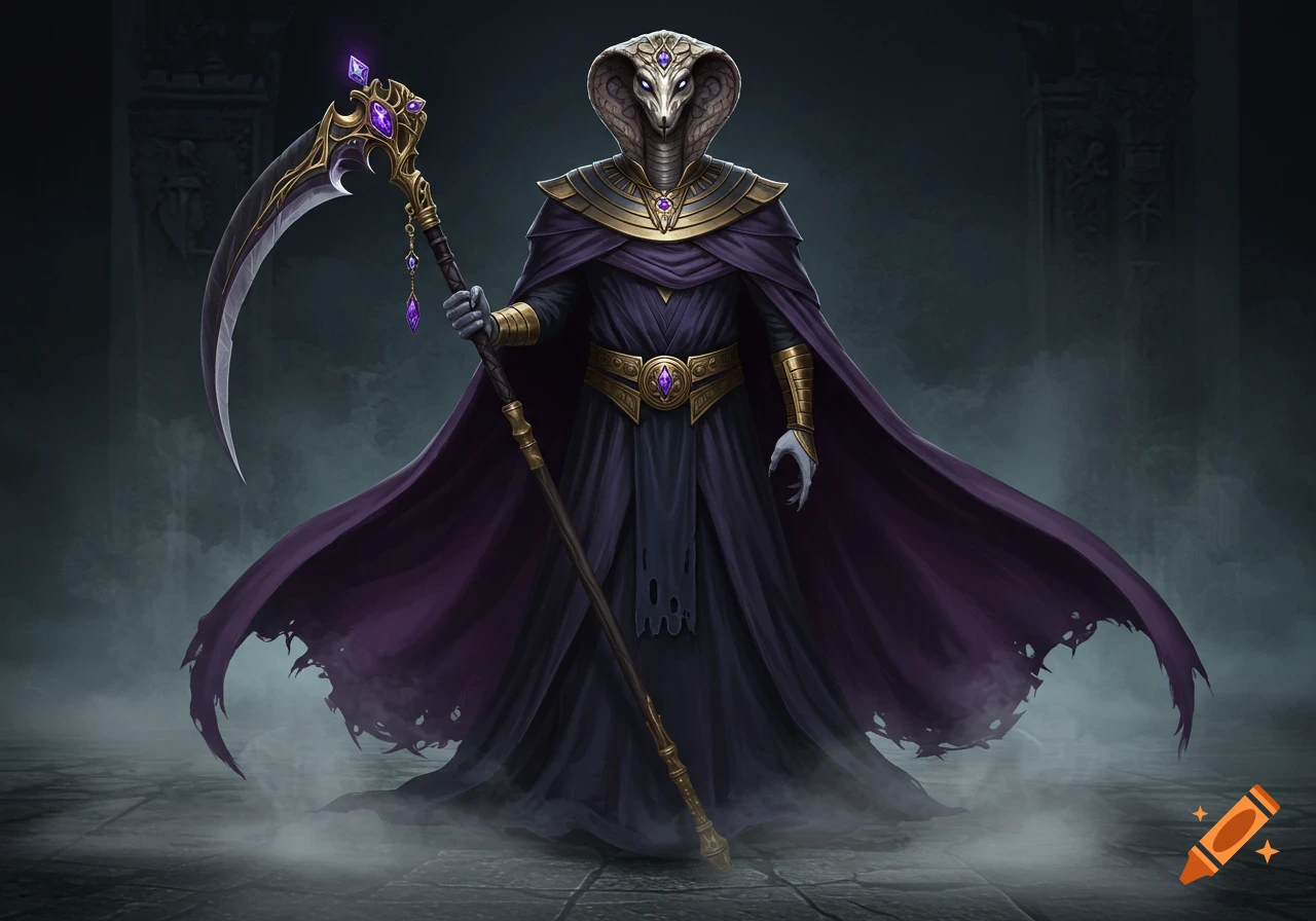 A majestic cobra-headed figure in a long purple cloak and golden armor, holding a jeweled scythe in a dark, misty setting.
