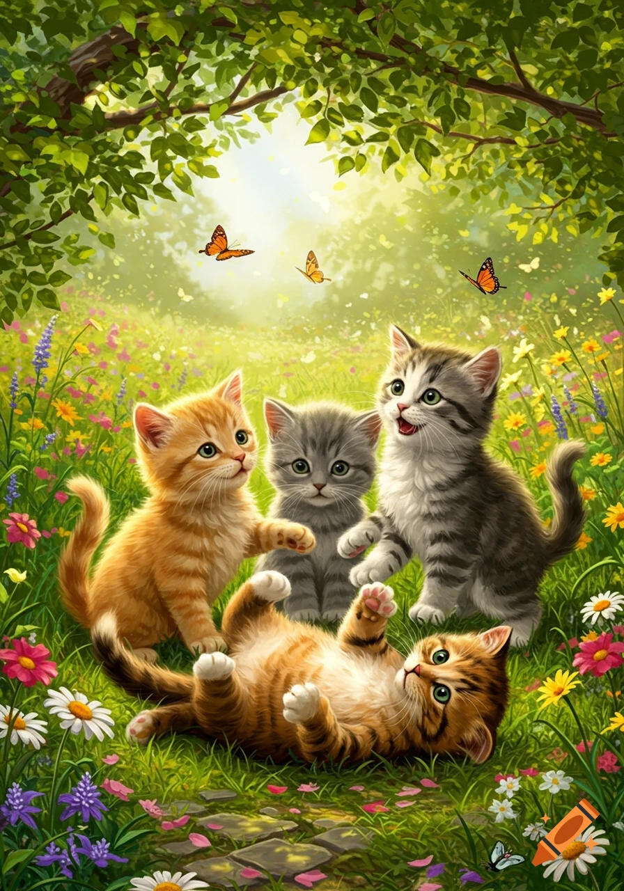 Four playful kittens in a sunny, flower-filled meadow with butterflies, in an illustrated style.