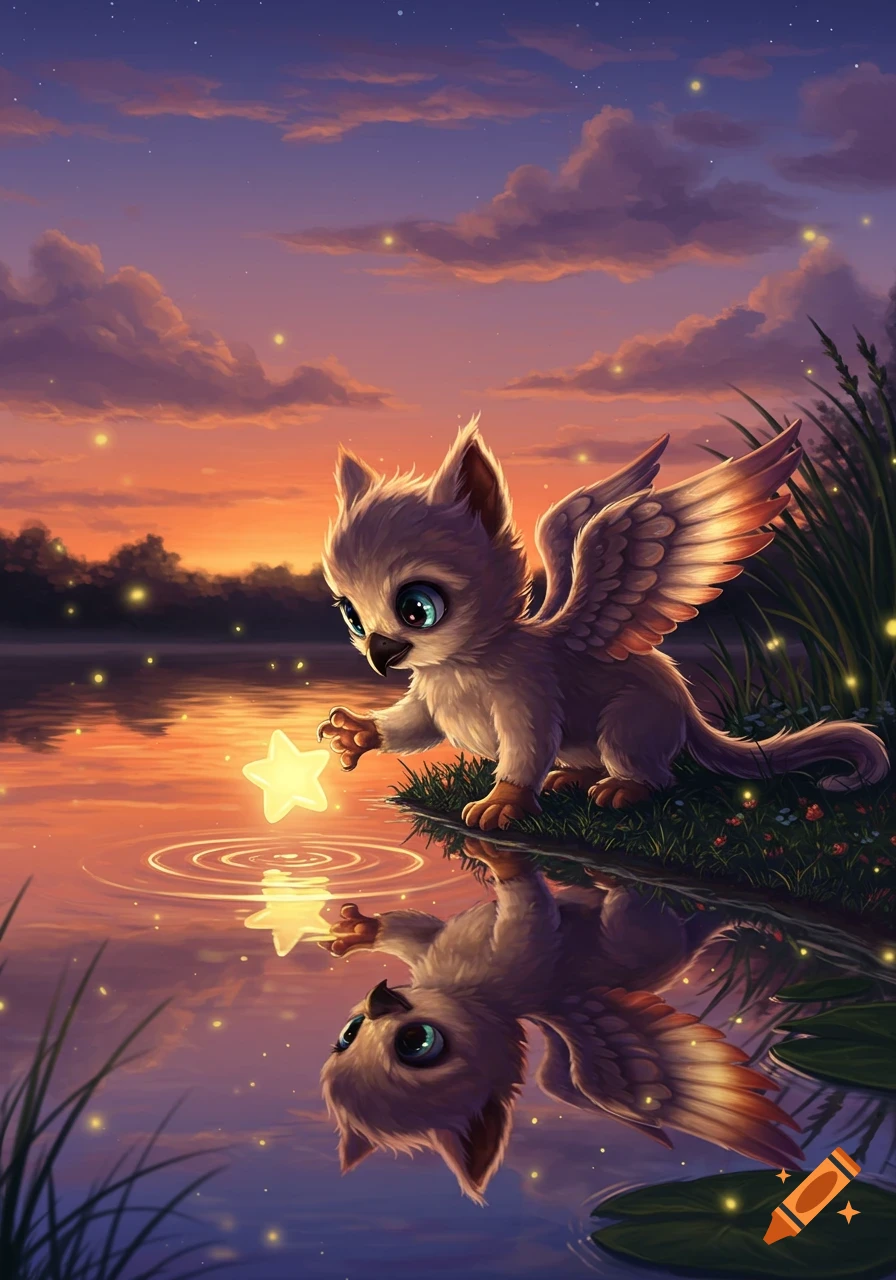 A cute baby griffon touches a glowing star in a lake at sunset, reflected in the water.