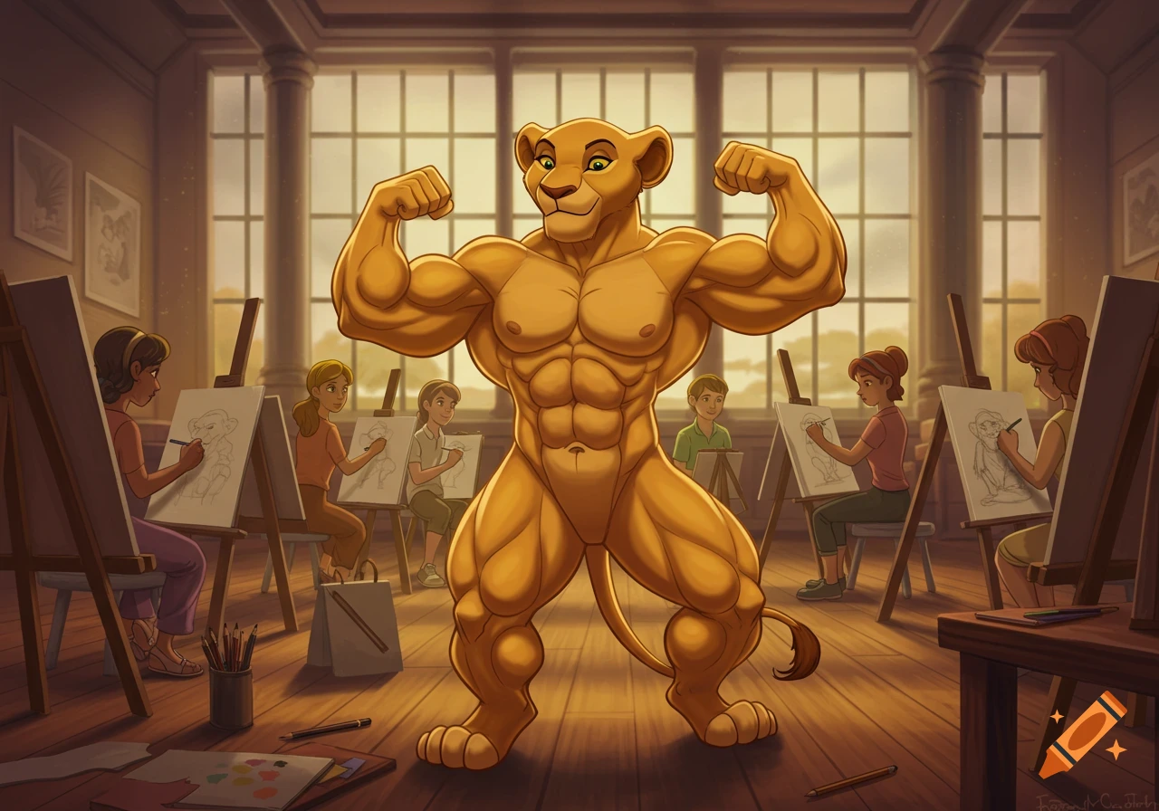 A muscular anthropomorphic lioness flexing in a life drawing class with students sketching her, in a 2D Disney animation style.