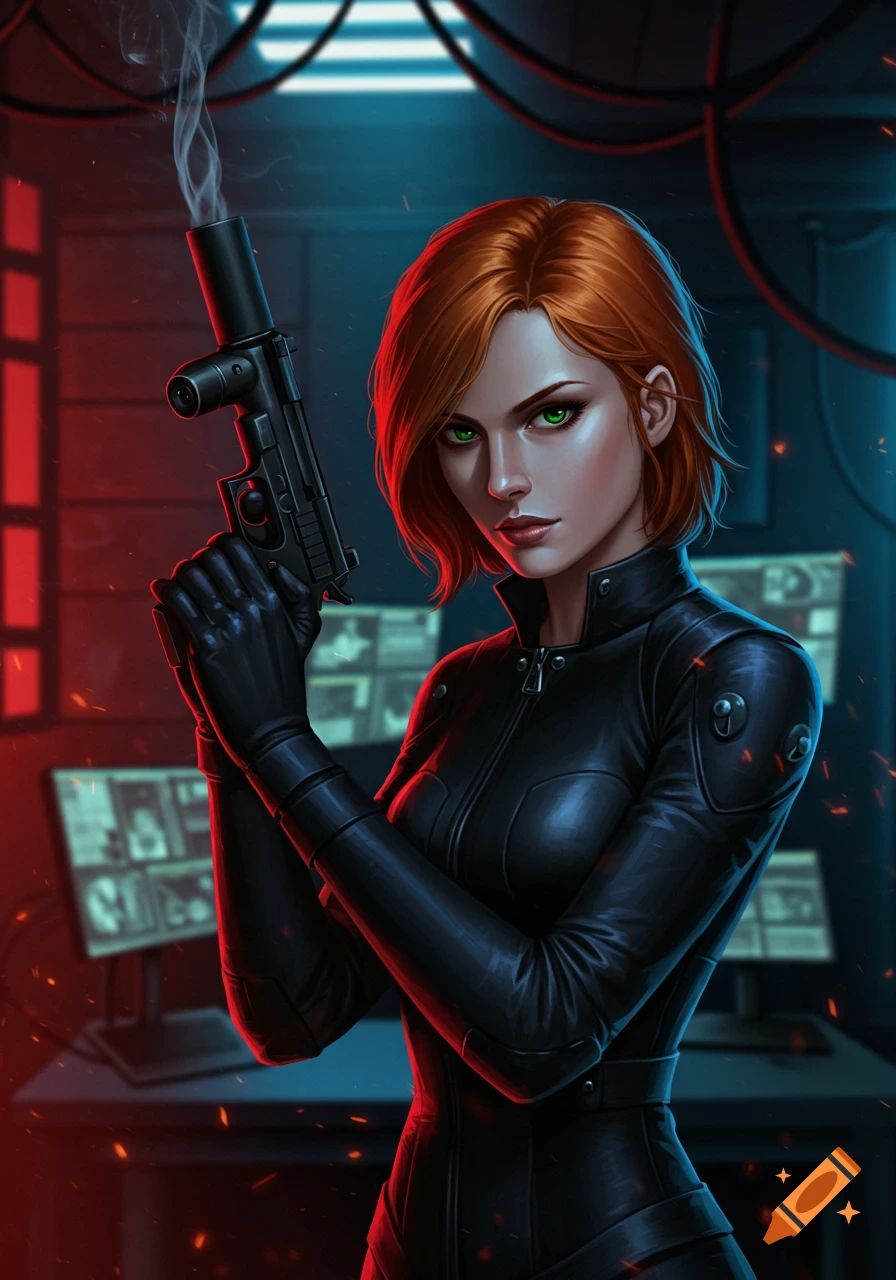 A fierce ginger woman in a black suit holds a smoking gun in a dimly lit room with monitors, in a digital illustration style.