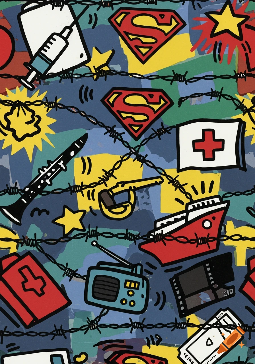 A Keith Haring-style pop art pattern featuring a syringe, Superman crest, stars, clarinet, Red Cross symbol, ship, radio, film reel, and train ticket, all intertwined with black barbed wire against a colorful abstract background.