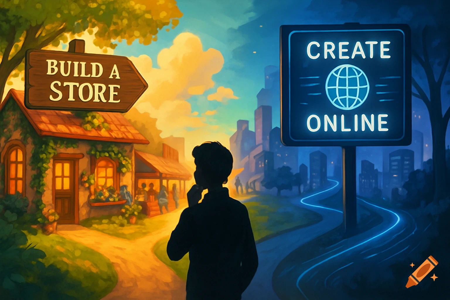 A stylized illustration of a person at a fork in the road, with a sign pointing left to "BUILD A STORE" next to a quaint building, and a glowing blue sign pointing right to "CREATE ONLINE" with a globe symbol, leading to a futuristic city.