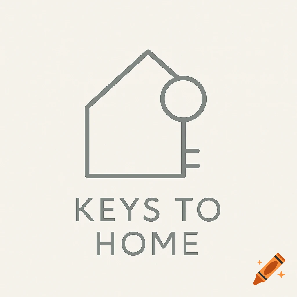 A minimalist logo with a gray outline of a house and a key above the text 'KEYS TO HOME' on a light background.