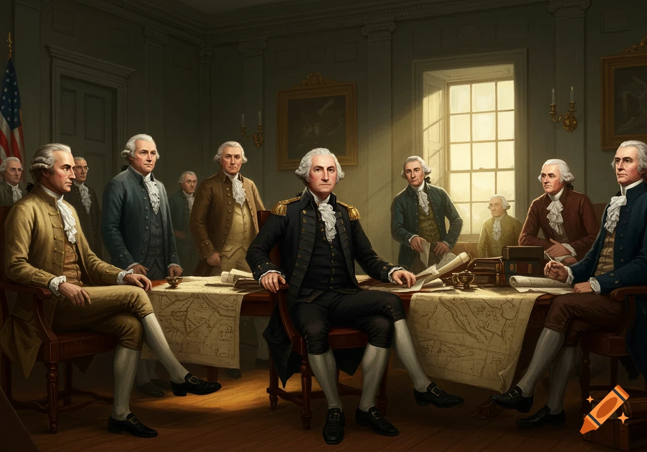 A group of men in colonial attire, resembling founding fathers, gather around a table in a dimly lit historical room.