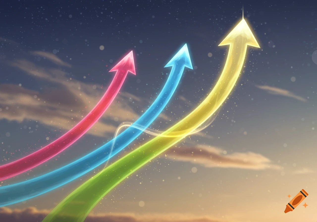 Four vibrant, glowing arrows in pink, blue, green, and yellow ascend into a cloudy sky, with the yellow arrow pointing towards the top.