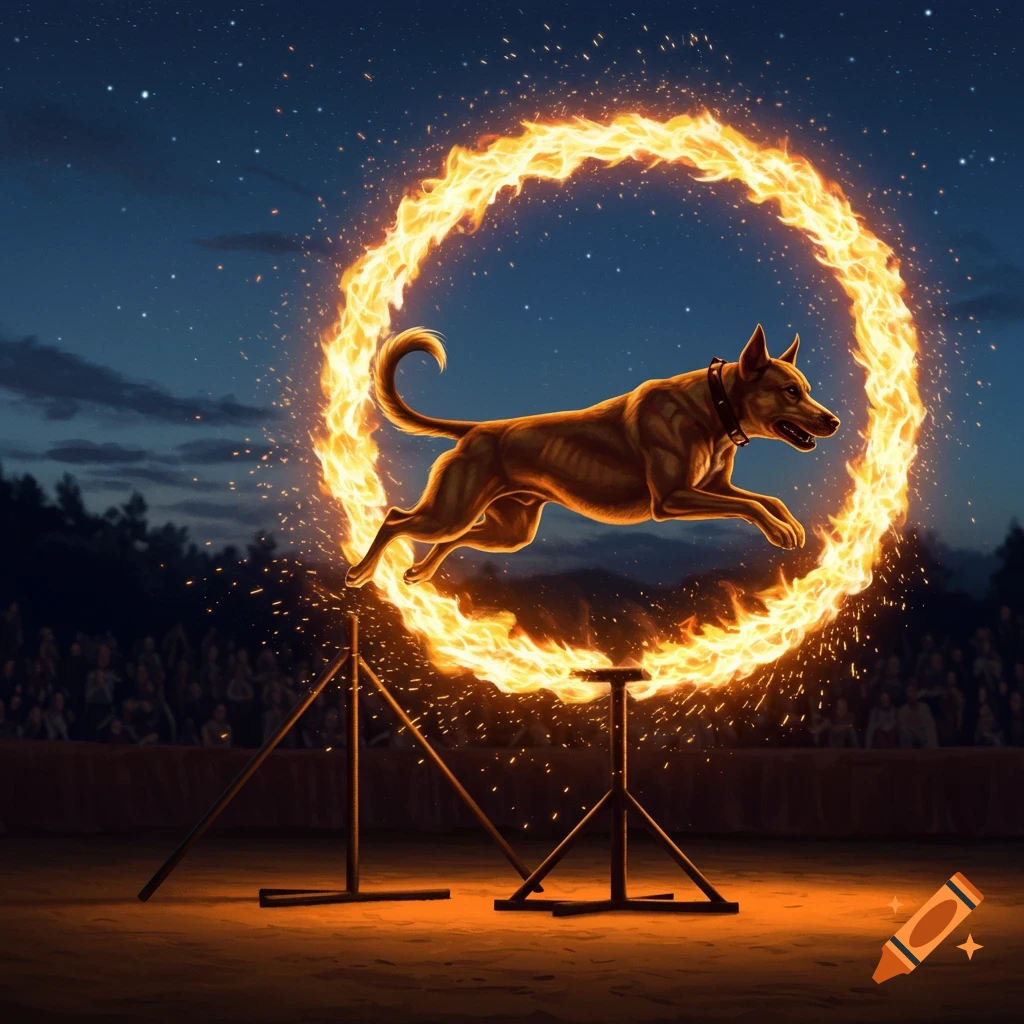 A brown dog jumps through a large flaming hoop at night, with a blurred audience in the background.
