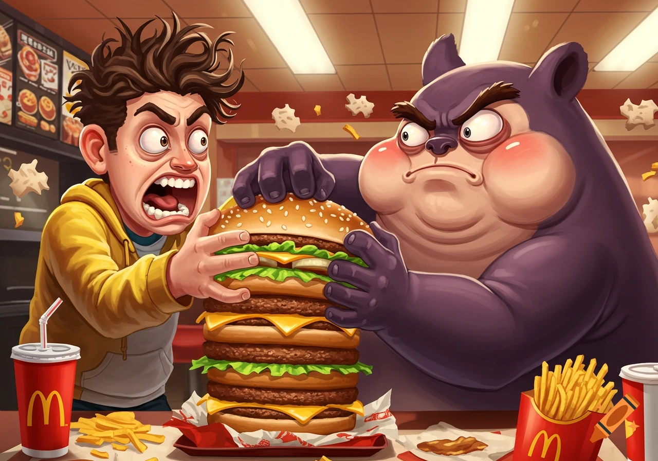 Cartoon man and purple bear creature fighting over a huge hamburger in a fast-food restaurant.